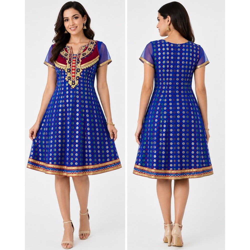 Blue Metallic Polka Dot Embroidered Bib A-Line Dress Sheer Sleeves Estimated XS